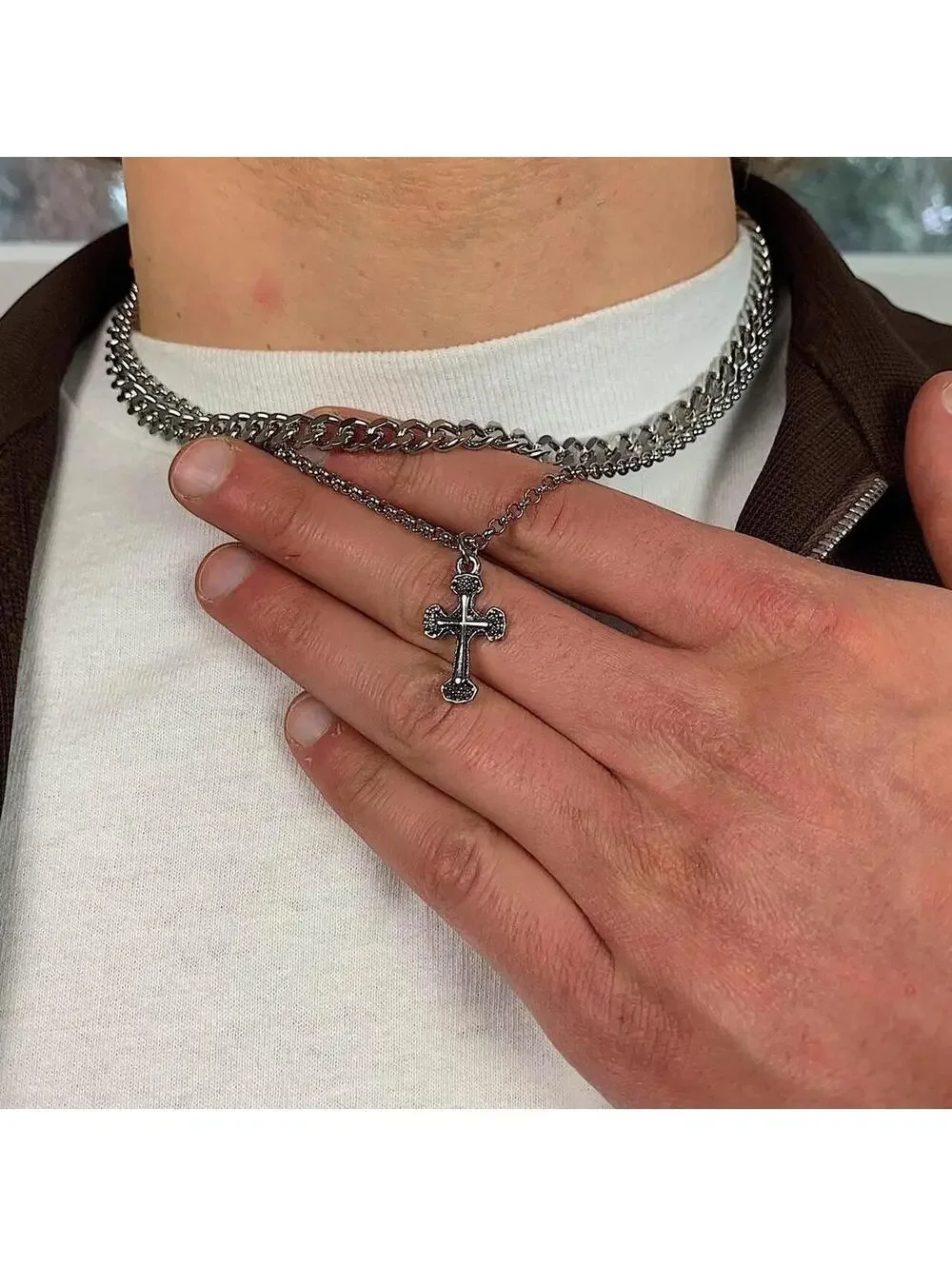Double layer silver chrome cross chain grunge Cuban link necklace. Y2k 2000s sty